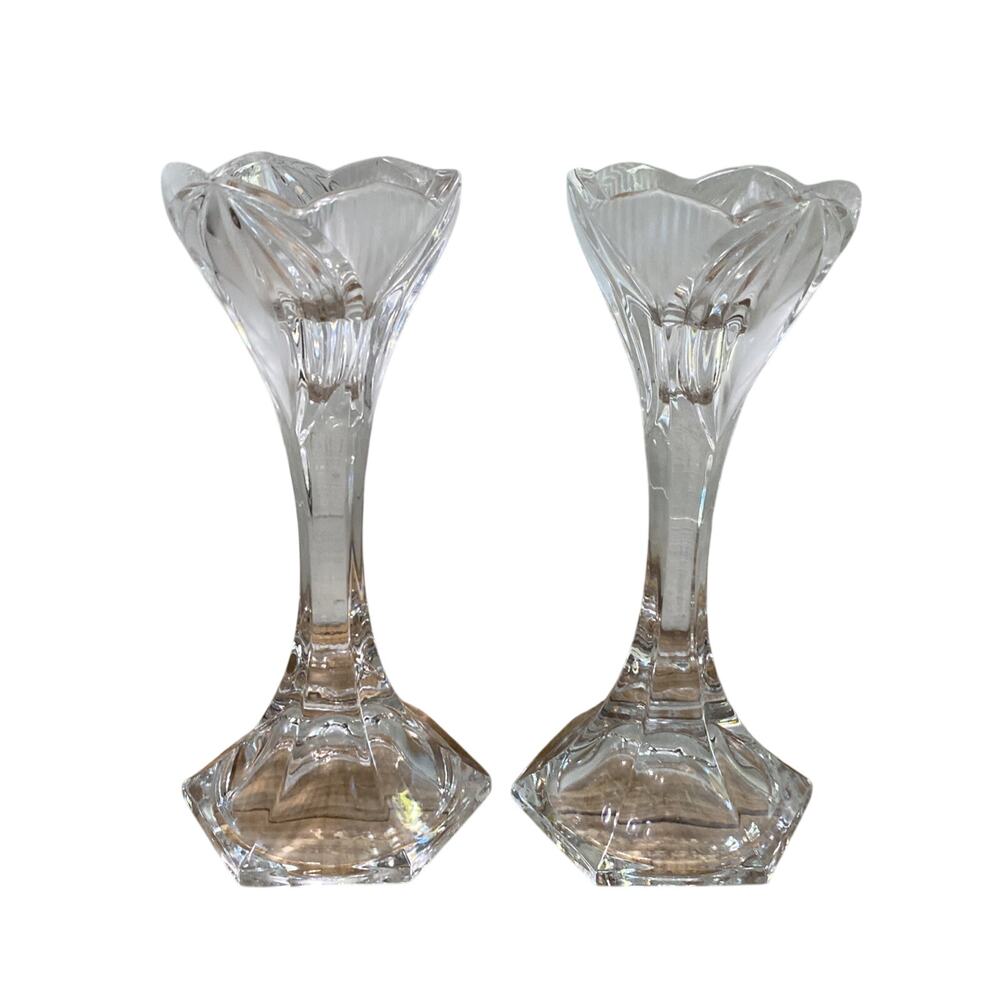 Set of 2 Vintage 1980s Beyer Frosted Crystal Tulip Candle Holder Germany 8.5"